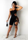 Summer Black Ripped Tie Casual One Shoulder Short Sexy Rompers