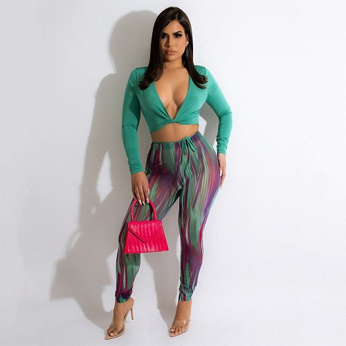 Casual V Neck Crop Top + Pants Large Size Two Piece Set