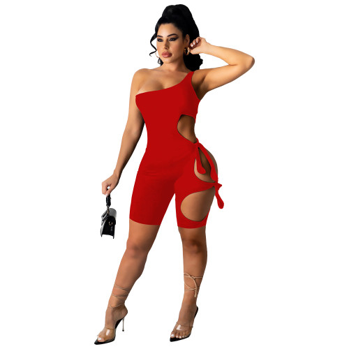 Summer Red Ripped Tie Casual One Shoulder Short Sexy Rompers