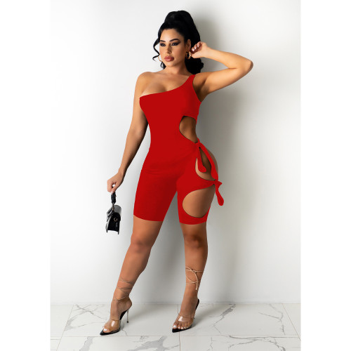 Summer Red Ripped Tie Casual One Shoulder Short Sexy Rompers
