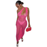 Pink One Shoulder See Through Hollow Fishnet Maxi Dress