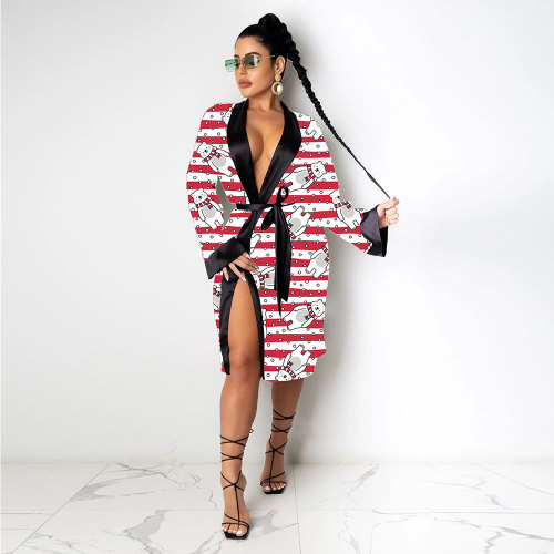 Fashion Women's Robes Print Loose Pajamas Bathrobe Bandage Robes Housewear Women's Wear Sleepwear Robes