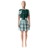 Casual Print Split Joint Buckle Appliques Baseball Plaid Short Sleeve Two Pieces Skirt Set