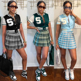 Casual Print Split Joint Buckle Appliques Baseball Plaid Short Sleeve Two Pieces Skirt Set