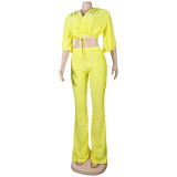 Yellow Fashion Sexy Solid Frenulum V Neck Half Sleeve Two Pieces Sportswear