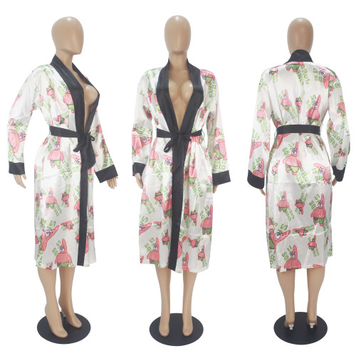 Fashion Women's Robes Print Loose Pajamas Bathrobe Bandage Robes Housewear Women's Wear Sleepwear Robes