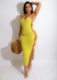 Yellow Solid Sexy Hollow Out Lace-Up Straps Long Dress