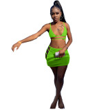 Fluorescent Green Summer Sling Bikini Set Three Piece Skirt Set