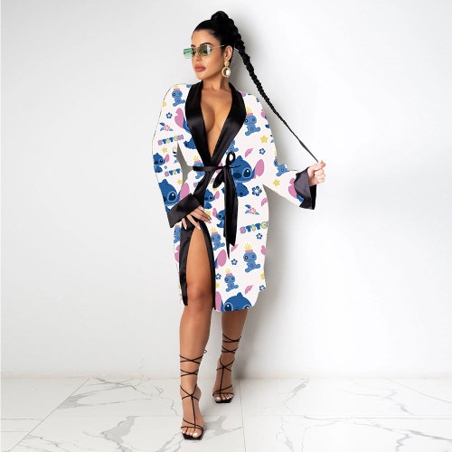 Fashion Women's Robes Print Loose Pajamas Bathrobe Bandage Robes Housewear Women's Wear Sleepwear Robes