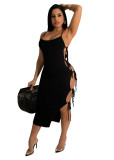 Black Solid Sexy Hollow Out Lace-Up Straps Long Dress
