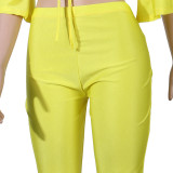 Yellow Fashion Sexy Solid Frenulum V Neck Half Sleeve Two Pieces Sportswear