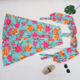 Floral Print Wrapped Long Sleeve High Split Skirt 2 Piece Sets