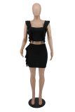 Summer Black Clubwear Plus Size Women's Ruffle Solid Two Piece Skirt Set
