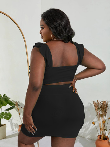 Summer Black Clubwear Plus Size Women's Ruffle Solid Two Piece Skirt Set