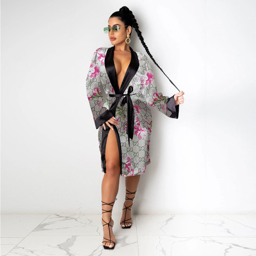 Fashion Women's Robes Print Loose Pajamas Bathrobe Bandage Robes Housewear Women's Wear Sleepwear Robes