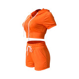 Orange Solid Zip Up Cardigan Cropped Hooded Two Piece Short Set