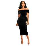 Womens Velvet Long Sleeve Midi Dress Sexy Off Shoulder Bodycon Wrap Cocktail Party Dresses