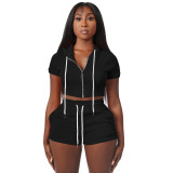 Black Solid Zip Up Cardigan Cropped Hooded Two Piece Short Set