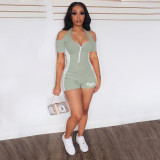 Sexy Short Sleeve Cold Shoulder Halter Zipped Short Rompers