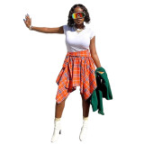 Summer Printed Preppy Style High Waist Plaid Belted Midi Asymmetrical Skirts