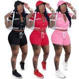 Casual Pink Embroidered Letter Pocket Baseball Jersey set Single-breasted  Tracksuit Shorts Two Pieces