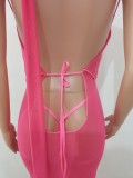 Summer Pink See Through Beachwear Backless Beach Dress with Panties