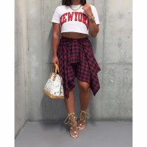 Summer Printed Preppy Style High Waist Plaid Belted Midi Asymmetrical Skirts