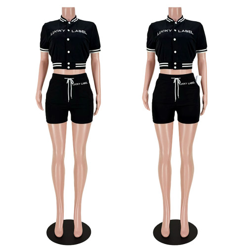 Casual Black Embroidered Letter Pocket Baseball Jersey set Single-breasted  Tracksuit Shorts Two Pieces