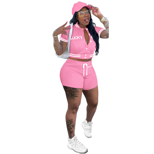 Casual Pink Embroidered Letter Pocket Baseball Jersey set Single-breasted  Tracksuit Shorts Two Pieces