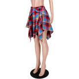 Summer Printed Preppy Style High Waist Plaid Belted Midi Asymmetrical Skirts