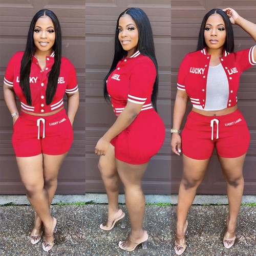 Casual Red Embroidered Letter Pocket Baseball Jersey set Single-breasted  Tracksuit Shorts Two Pieces