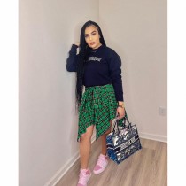 Summer Printed Preppy Style High Waist Plaid Belted Midi Asymmetrical Skirts