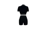 Casual Black Embroidered Letter Pocket Baseball Jersey set Single-breasted  Tracksuit Shorts Two Pieces