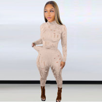 Brown Sexy Solid Ripped See-through Turtleneck Long Sleeve Two Pieces Tracksuit Set