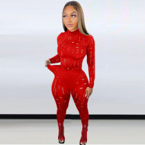 Red Sexy Solid Ripped See-through Turtleneck Long Sleeve Two Pieces Tracksuit Set