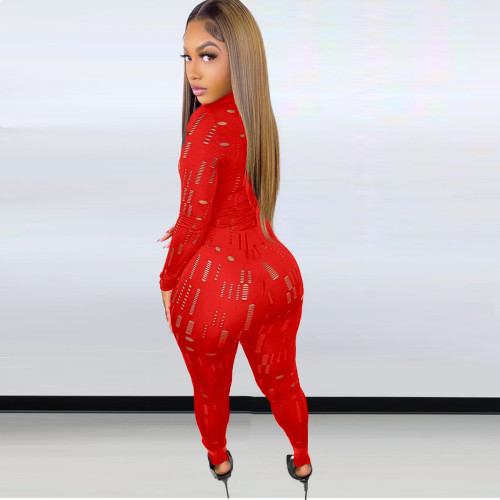 Red Sexy Solid Ripped See-through Turtleneck Long Sleeve Two Pieces Tracksuit Set