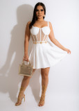 Sexy Solid White Mesh Perspective Sling Cake Skirt Pleated Dresses