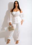 Women's Clothing Set Mesh Off Shoulder Lantern Sleeves Perspective Top Set 2-Piece Banquet Suit