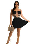 Sexy Solid Black Mesh Perspective Sling Cake Skirt Pleated Dresses