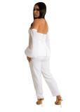 Women's Clothing Set Mesh Off Shoulder Lantern Sleeves Perspective Top Set 2-Piece Banquet Suit