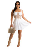 Sexy Solid White Mesh Perspective Sling Cake Skirt Pleated Dresses