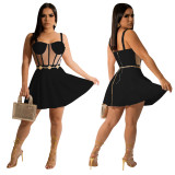 Sexy Solid Black Mesh Perspective Sling Cake Skirt Pleated Dresses