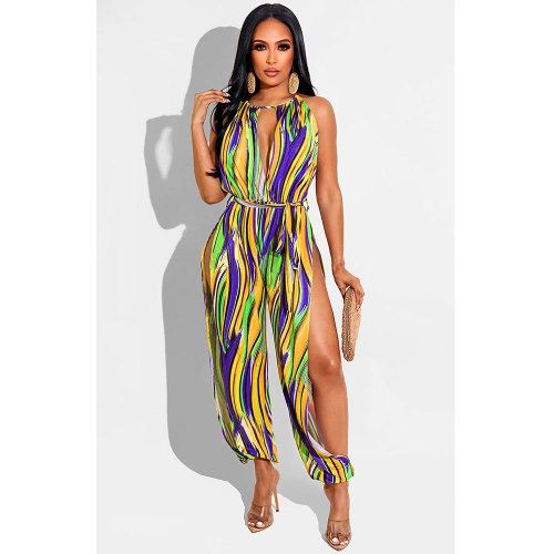 Fashion Sexy Tight Sleeveless Hollow Out Printed Tie Dye Jumpsuit