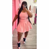 Pink Plus Size Casual Solid Basic Short Sleeve Pleated Skirt Two Pieces