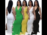 Sexy Solid Bandage Hollowed Out Split Joint Slit V Neck Sleeveless Straight Dresses