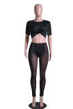 Sexy Solid Black Stitching Crop Top+Mesh Tight Pants 2 Piece Sets