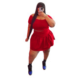 Red Plus Size Casual Solid Basic Short Sleeve Pleated Skirt Two Pieces