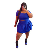 Blue Plus Size Casual Solid Basic Short Sleeve Pleated Skirt Two Pieces