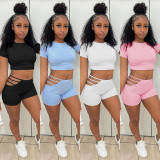 Summer Hollow Out Women 2 Two Pieces Set Fashion Short Sleeve Crop Tops Shorts Sets