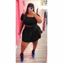 Black Plus Size Casual Solid Basic Short Sleeve Pleated Skirt Two Pieces